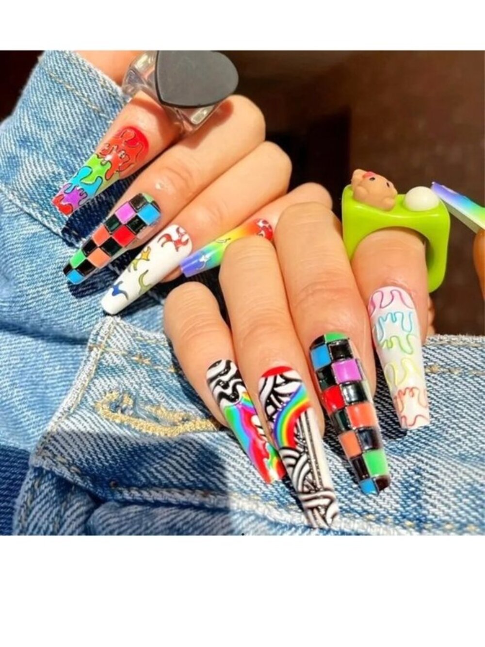 Nails Colorful Fake Press On 24 Long Coffin Sexy Multi Color Grafitti Trendy Fun